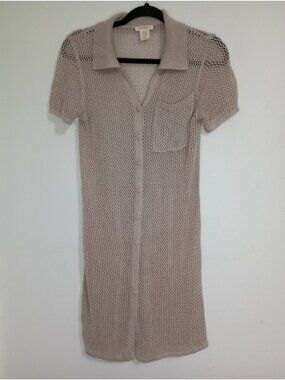 Haute Hippie Dress Beige Open Knit Button Down Size XS Midi Cover-Up Womens